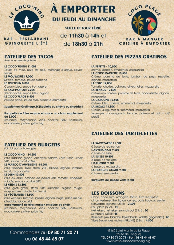 Événements - Le Coco'Ning - Restaurant Saint Martin de la Place - Restaurant Burger
